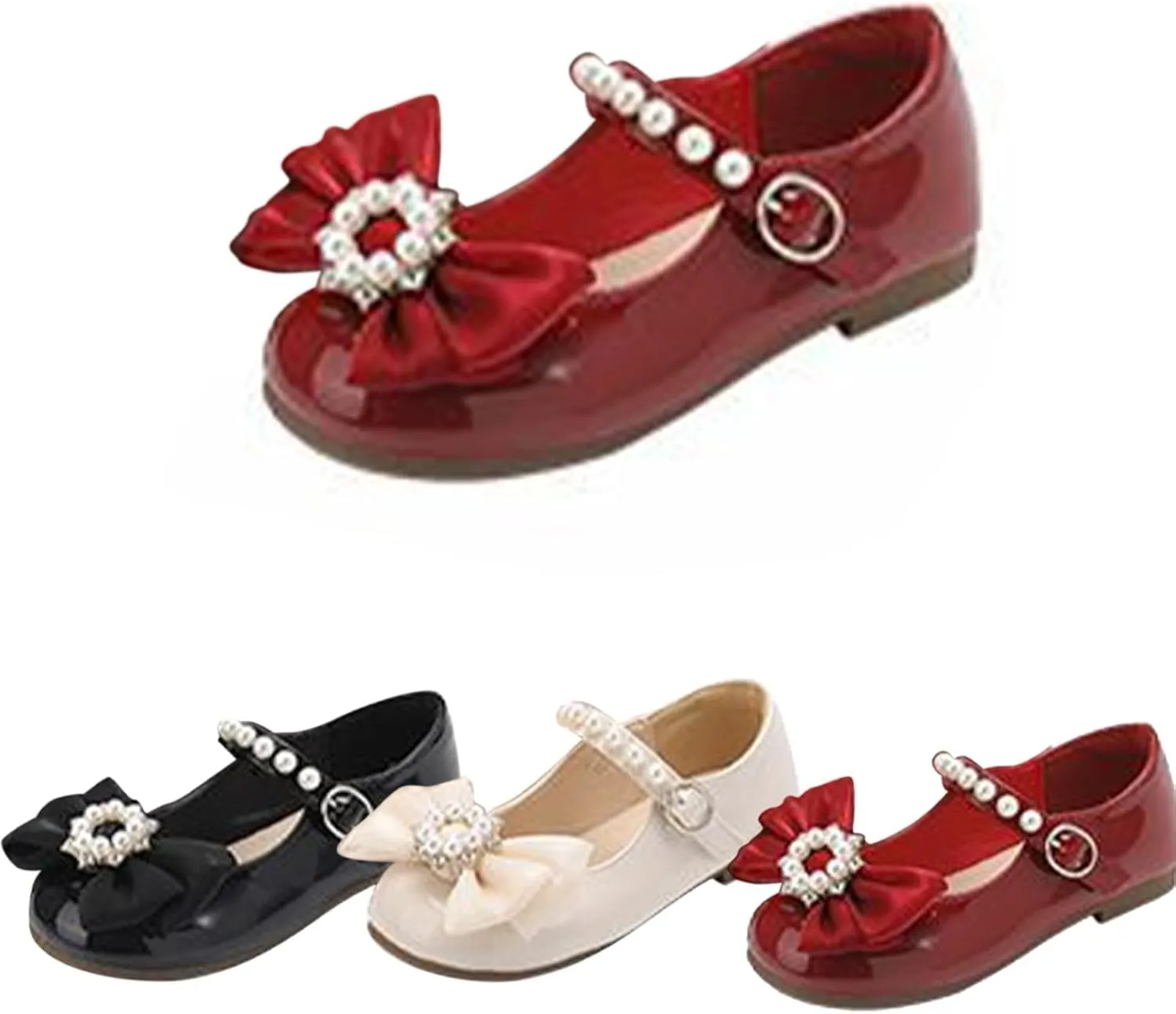 Girls Dress Shoes with Pearls Bow Toddler Mary Jane Flats Flower Girl Shoes for Wedding Party Shoes Ballet Shoes