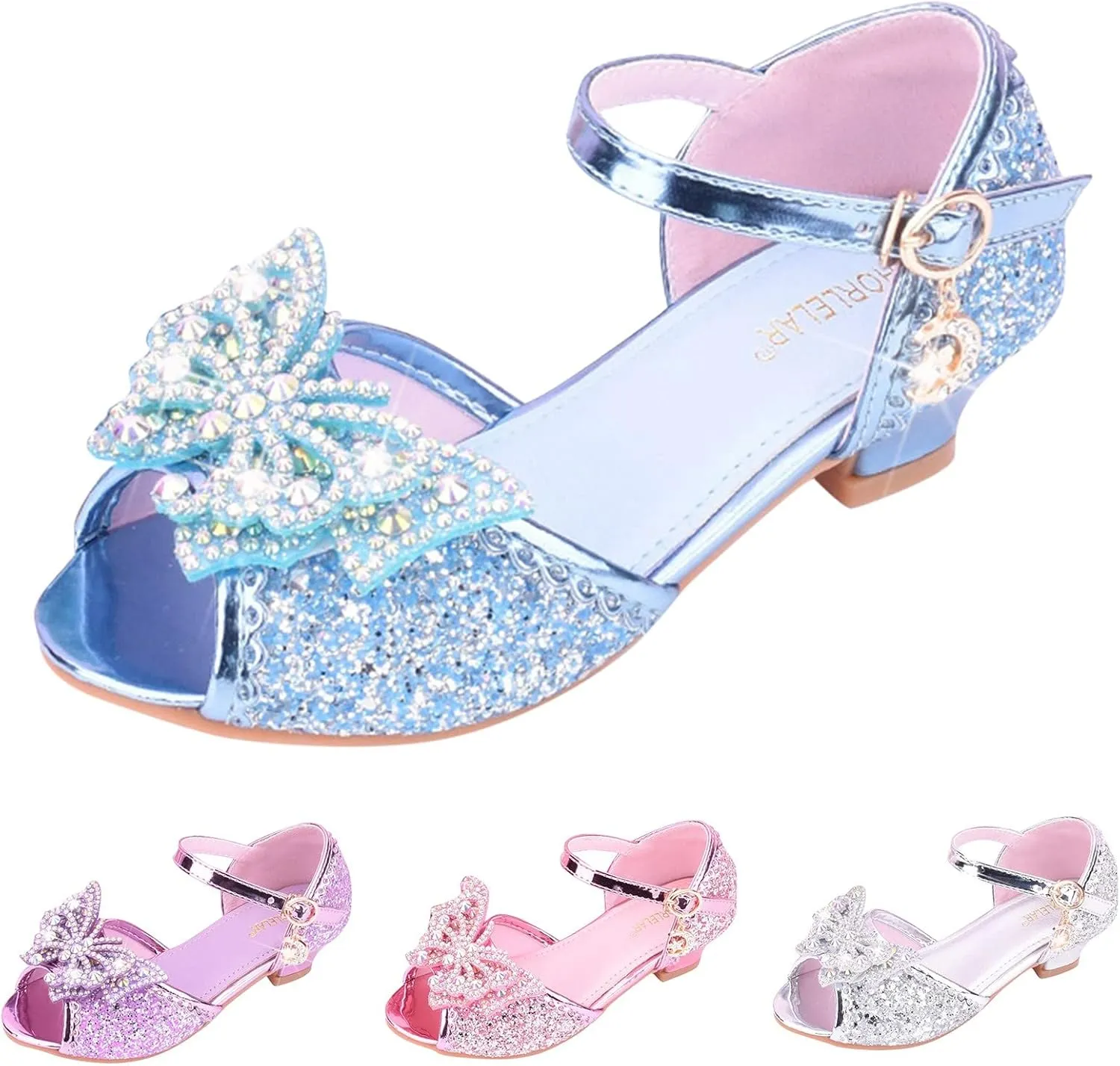 Girls Kids Sequins Pearl Bow Sandals High Heels Ankle Closed Toe Summer Princess Shoes Slip On Comfy Dress Dance Loafers