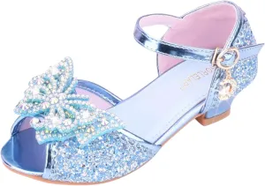 Girls Kids Sequins Pearl Bow Sandals High Heels Ankle Closed Toe Summer Princess Shoes Slip On Comfy Dress Dance Loafers
