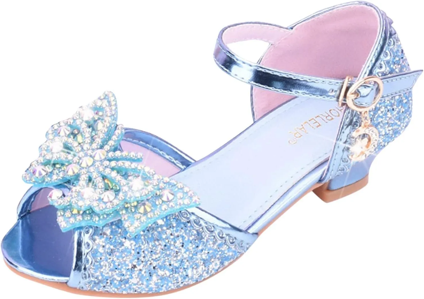 Girls Kids Sequins Pearl Bow Sandals High Heels Ankle Closed Toe Summer Princess Shoes Slip On Comfy Dress Dance Loafers