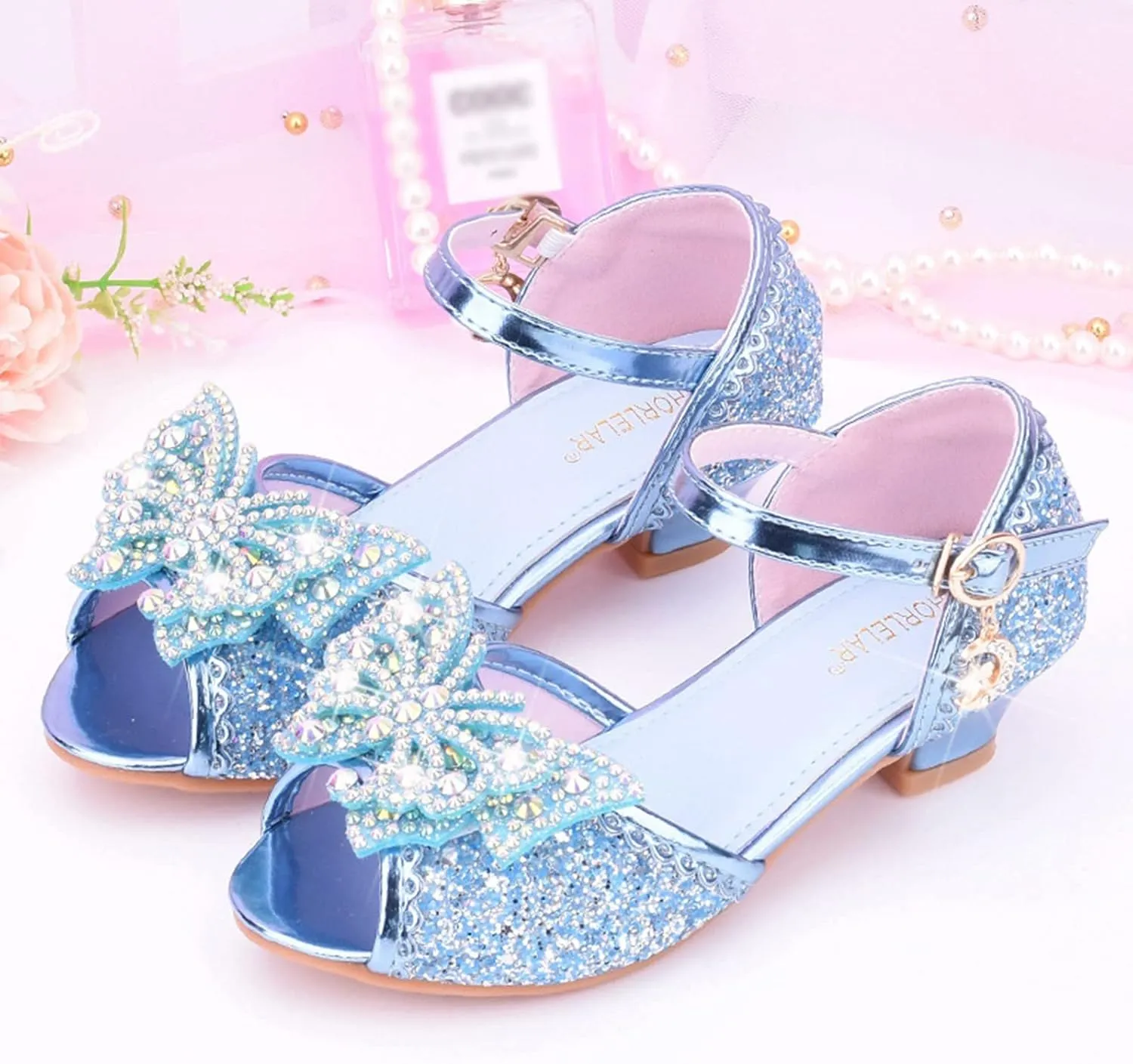 Girls Kids Sequins Pearl Bow Sandals High Heels Ankle Closed Toe Summer Princess Shoes Slip On Comfy Dress Dance Loafers