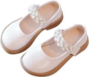 Girl's Mary Jane Dress Shoes Toddler Leather Ballet Flat with Rhinestone Strap for Party Wedding School Prom
