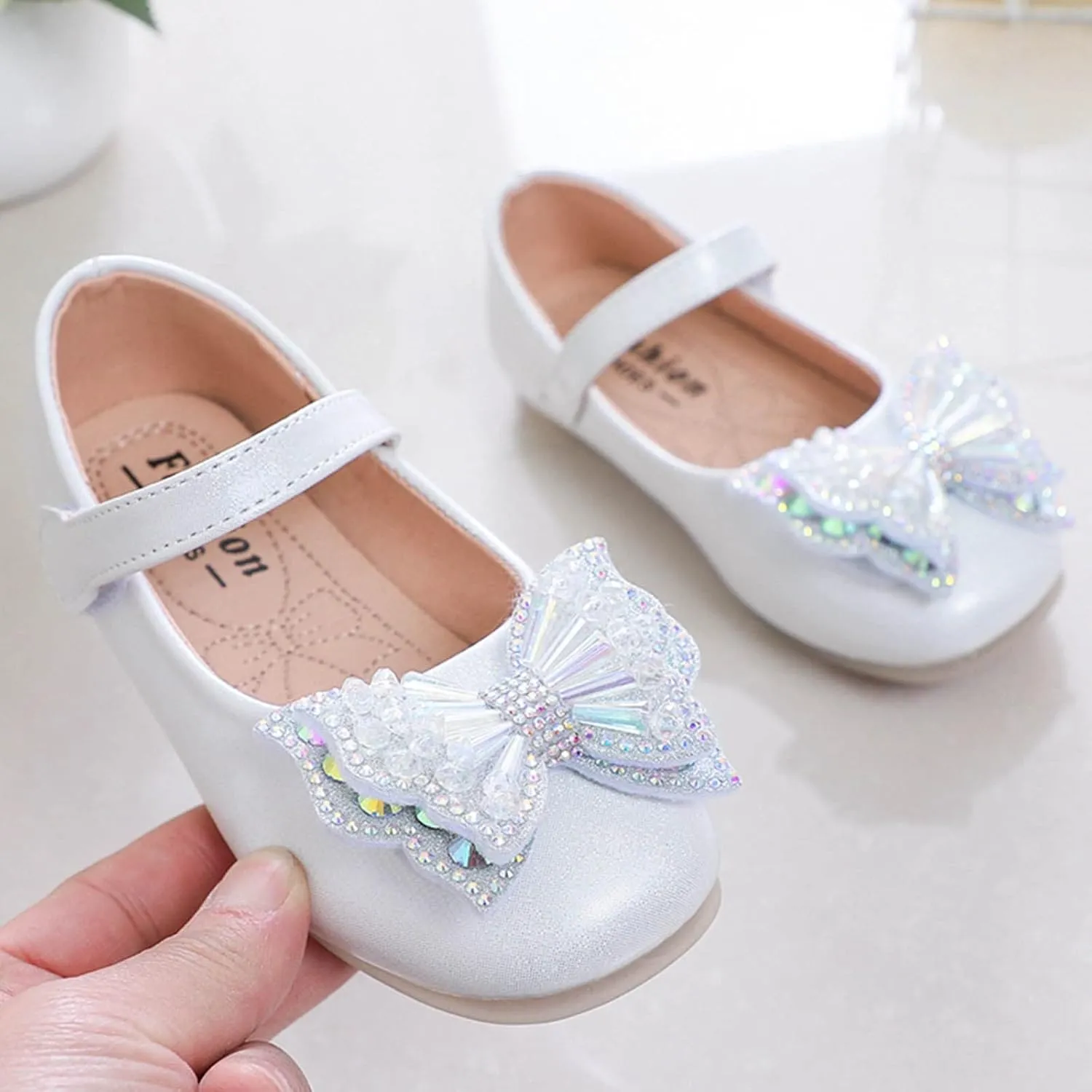 Girls Mary Jane Flats Bow Sequins Ballet Dance Shoes Wedding Party PU Leather Dress Shoes For Toddler Baby