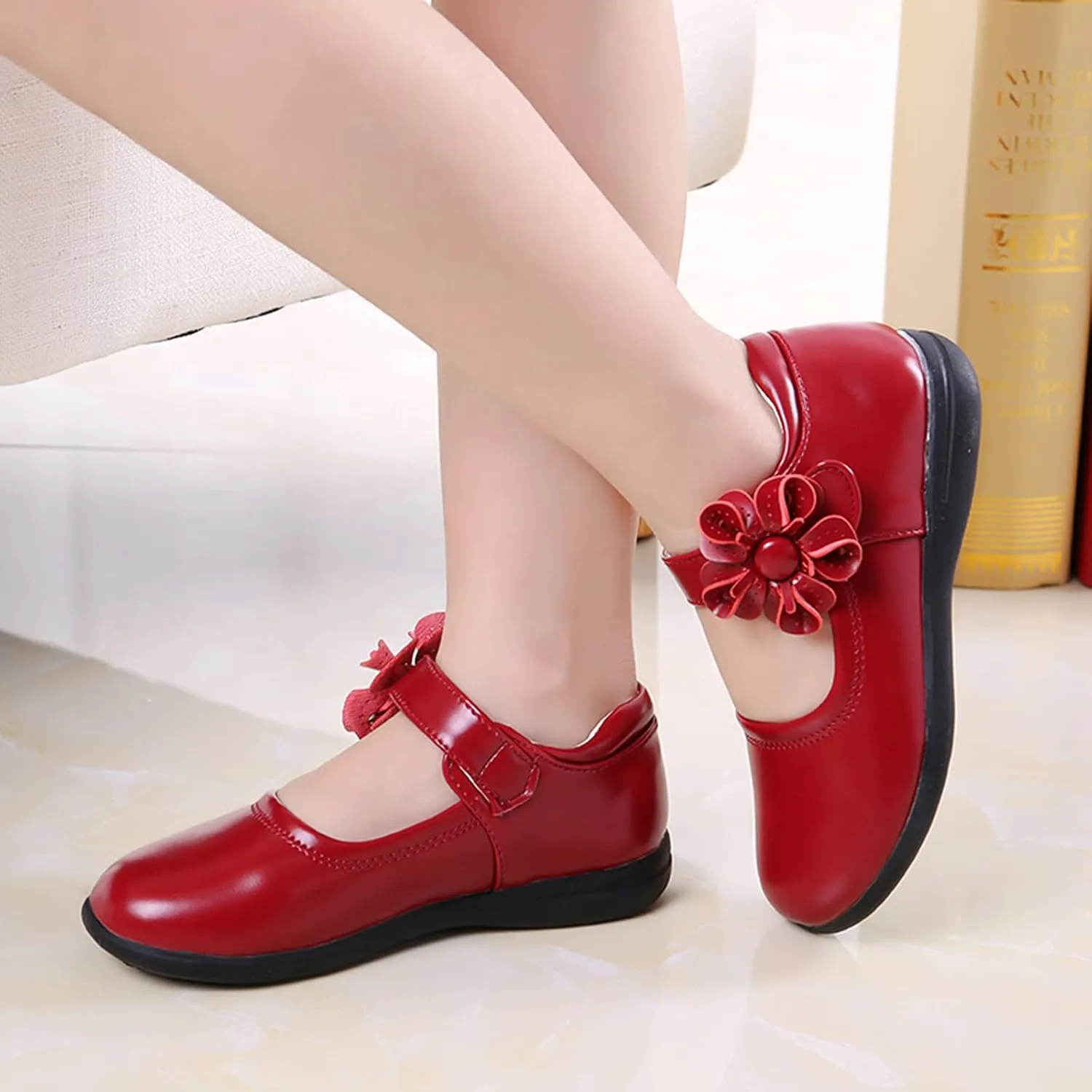Girls Mary Jane School niform Shoes Non-Slip Hook and Loop Princess Flower Flat for Birthday Wedding Pary