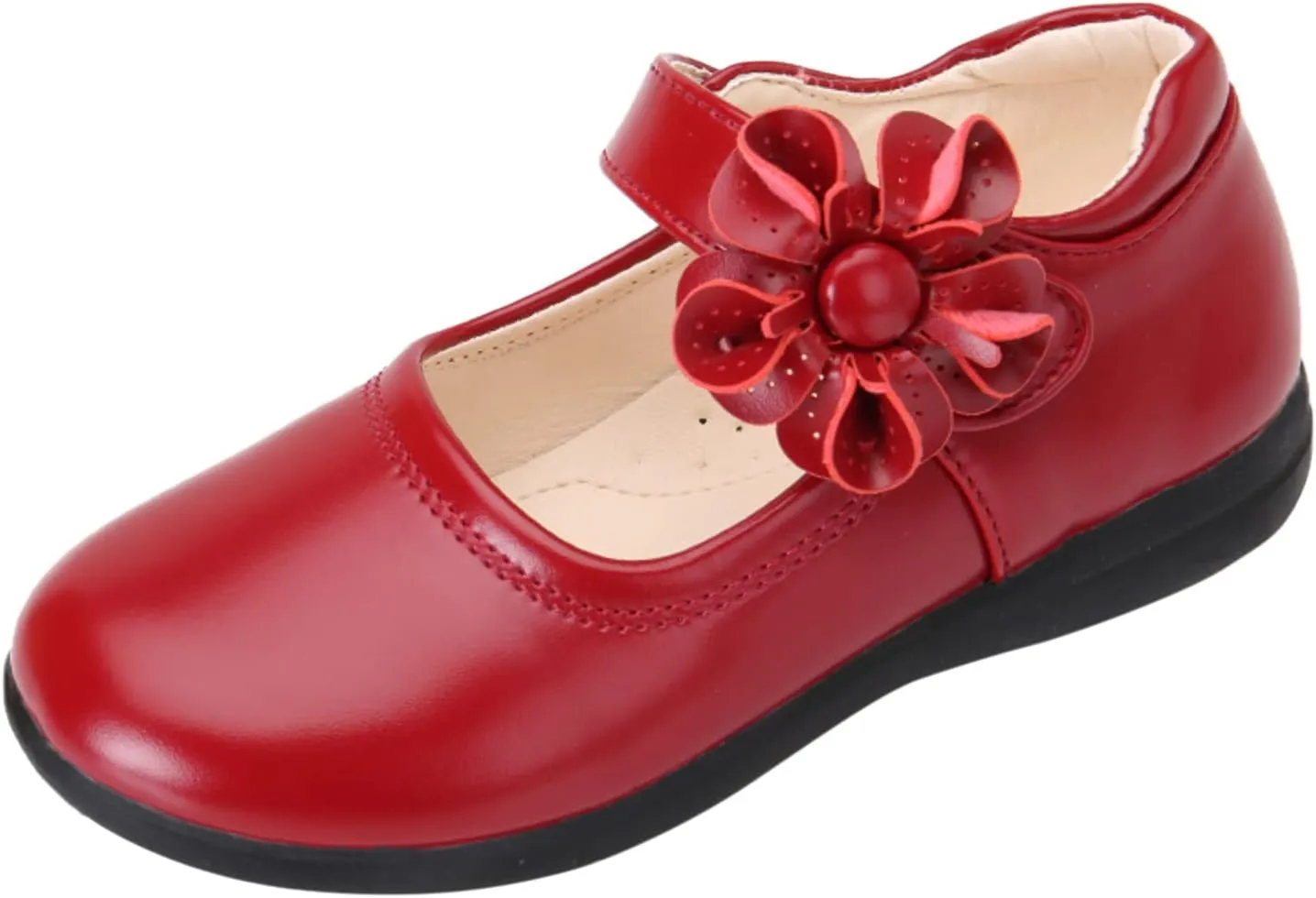 Girls Mary Jane School niform Shoes Non-Slip Hook and Loop Princess Flower Flat for Birthday Wedding Pary