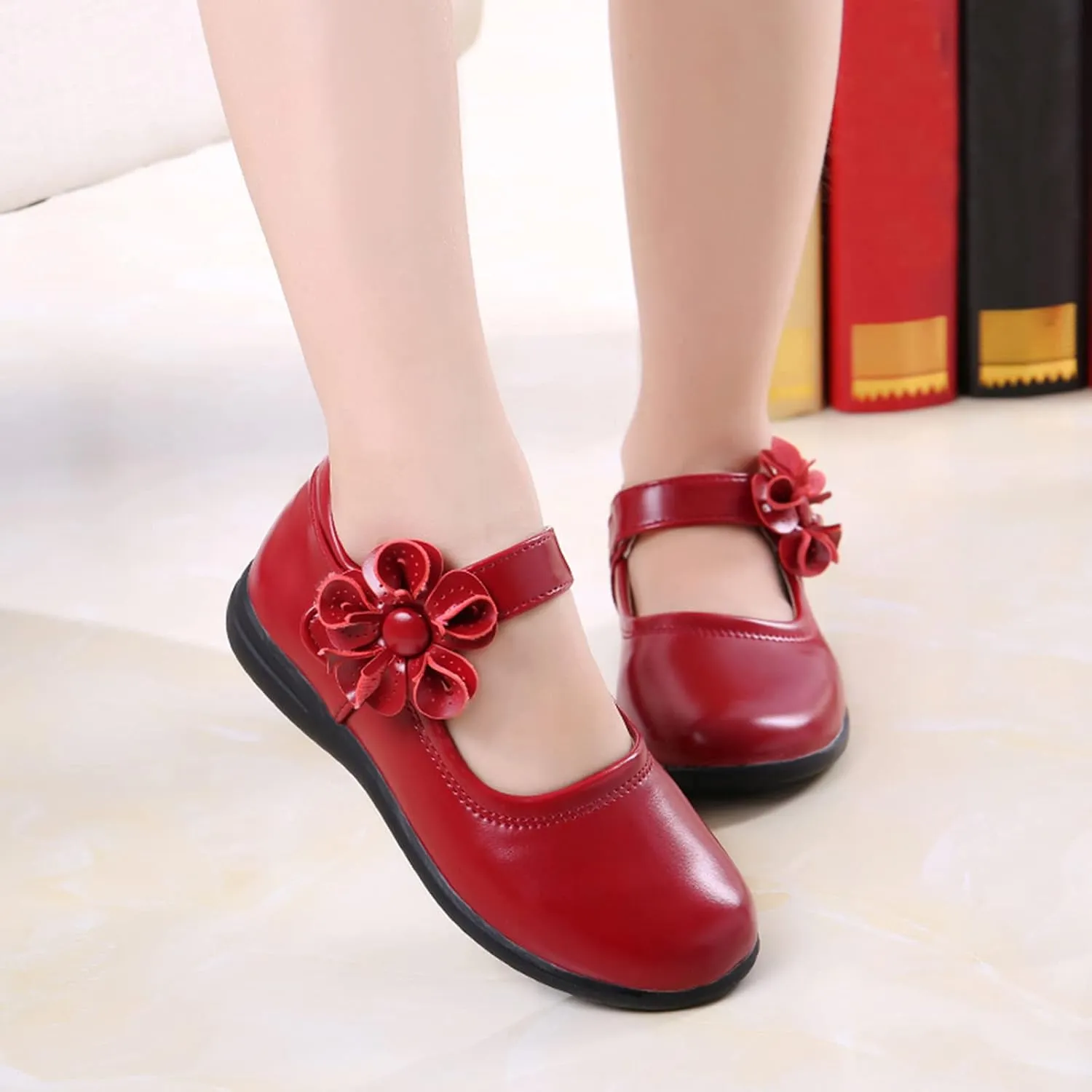Girls Mary Jane School niform Shoes Non-Slip Hook and Loop Princess Flower Flat for Birthday Wedding Pary