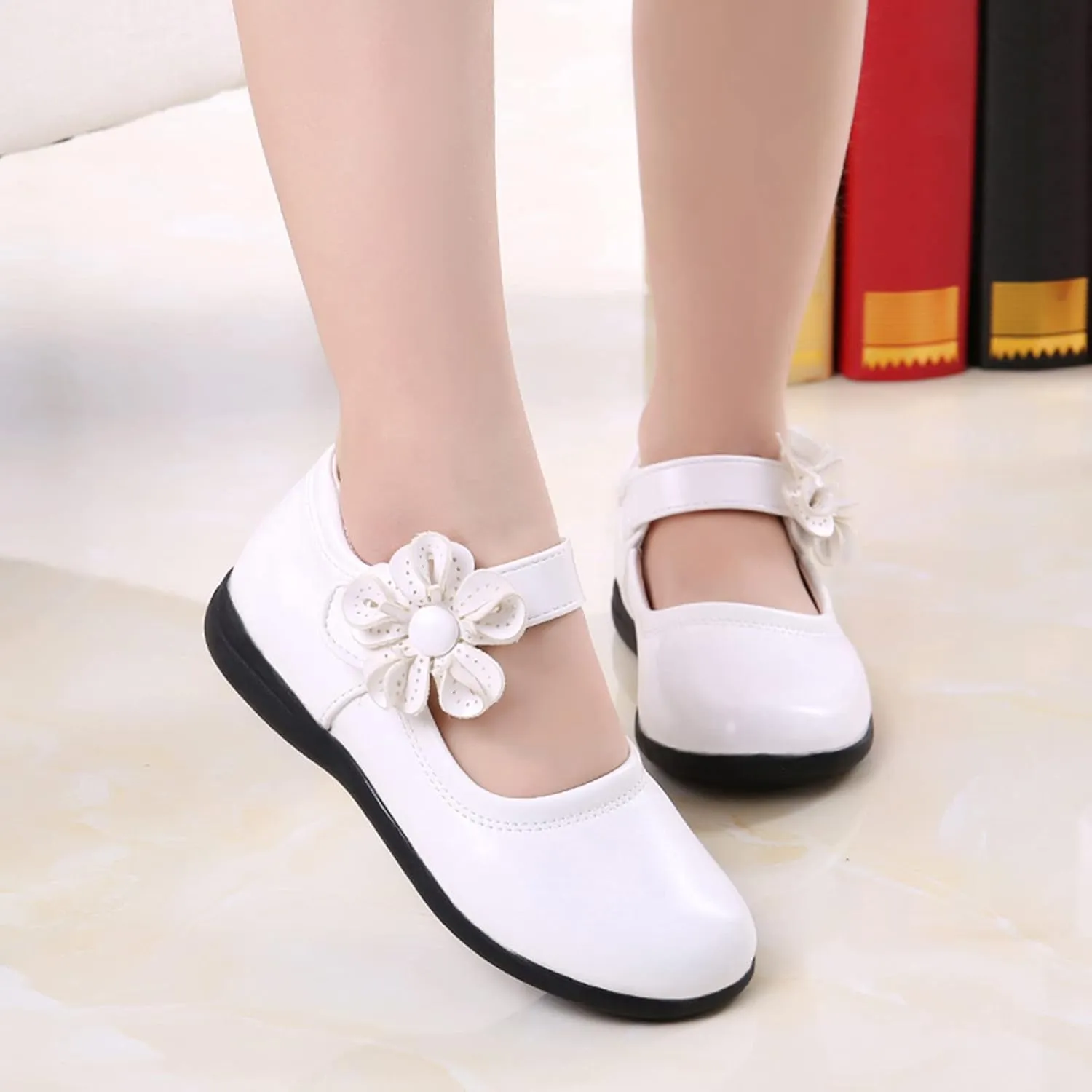 Girl's Mary Jane School niform Shoes Princess Non-Slip Hook and Loop Flower Flat for Birthday Wedding Pary