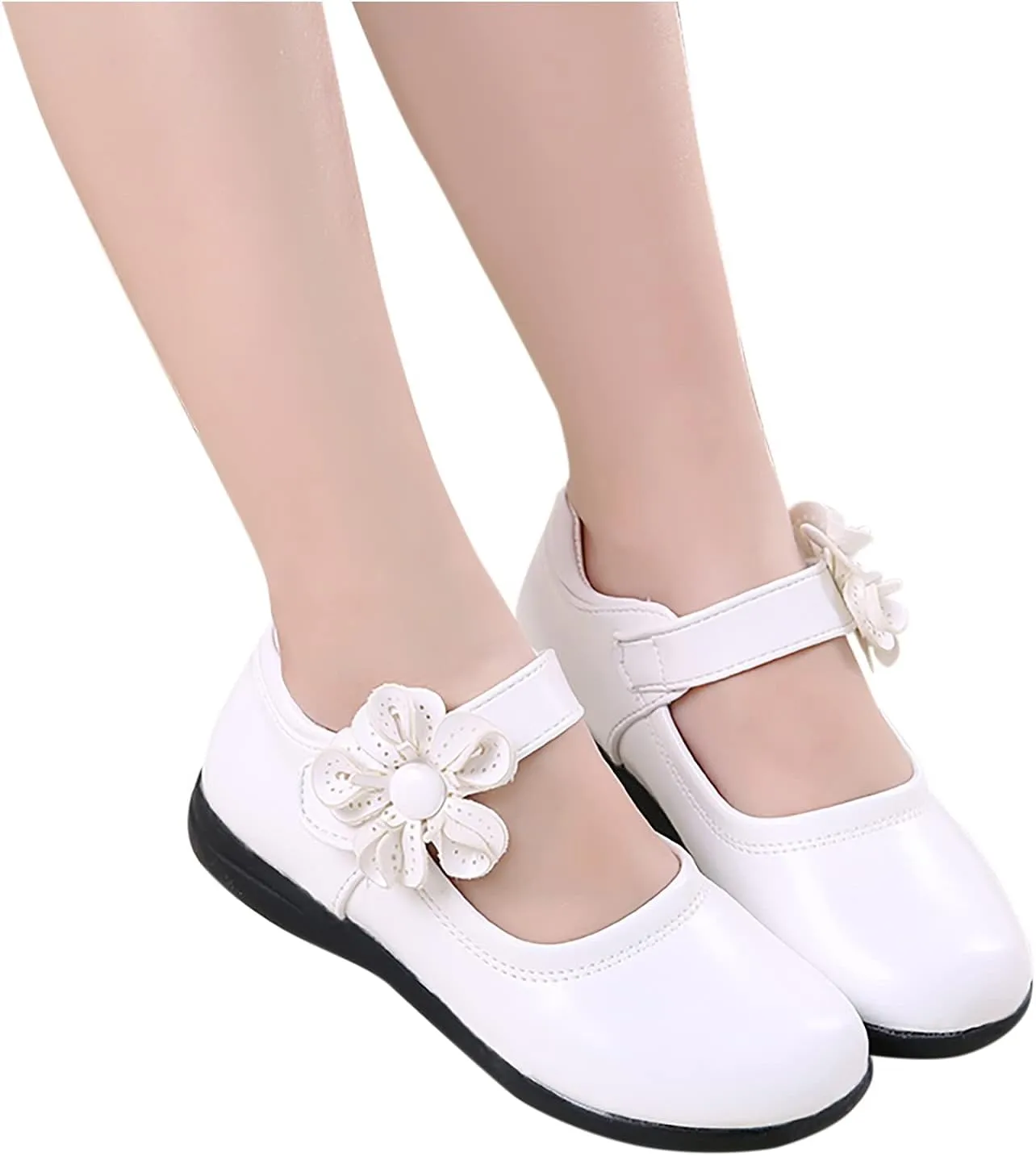 Girl's Mary Jane School niform Shoes Princess Non-Slip Hook and Loop Flower Flat for Birthday Wedding Pary