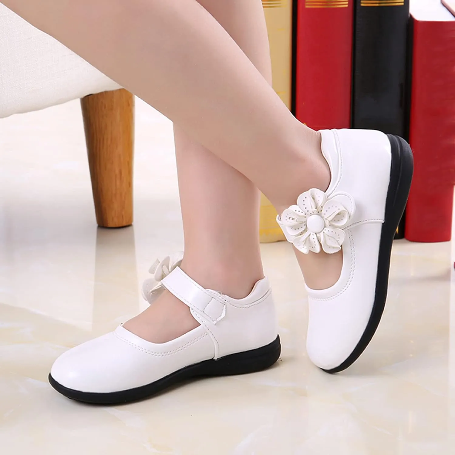 Girl's Mary Jane School niform Shoes Princess Non-Slip Hook and Loop Flower Flat for Birthday Wedding Pary