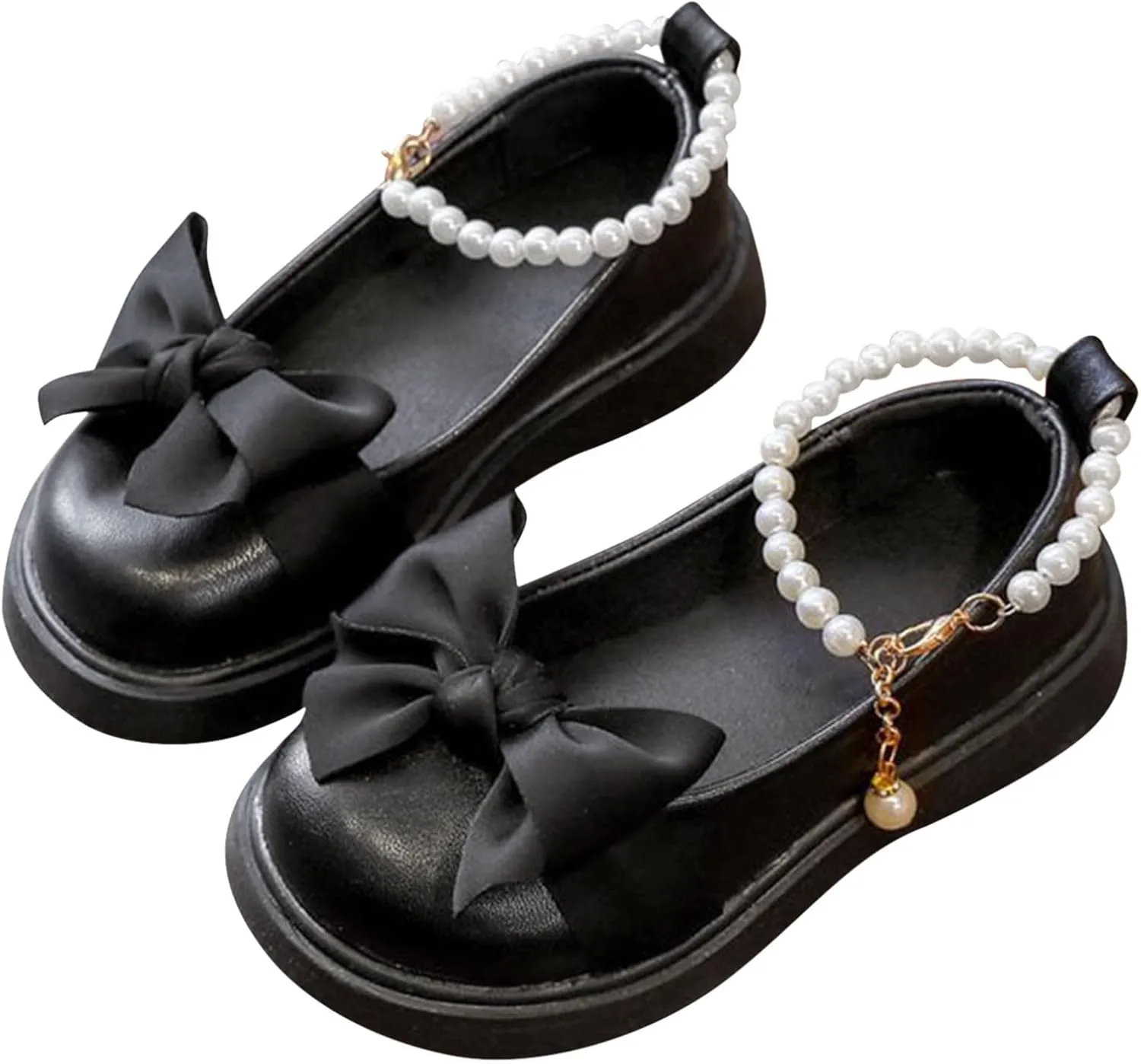 Girls Mary Jane Shoes with Pearls Bow Toddler Dress Shoes Flower Girl Shoes for School Party Wedding Shoes