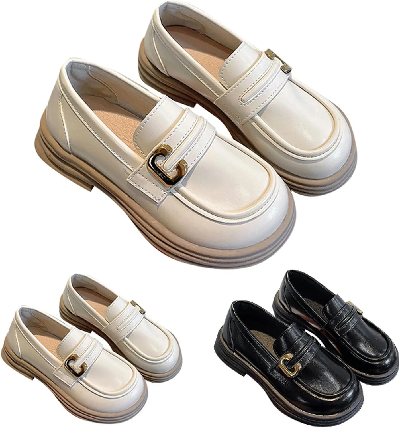 Girl's Platform Loafers Slip On Chunky Heel Leather Flat Round Toe School niform Dress Shoes with Metal Buckle
