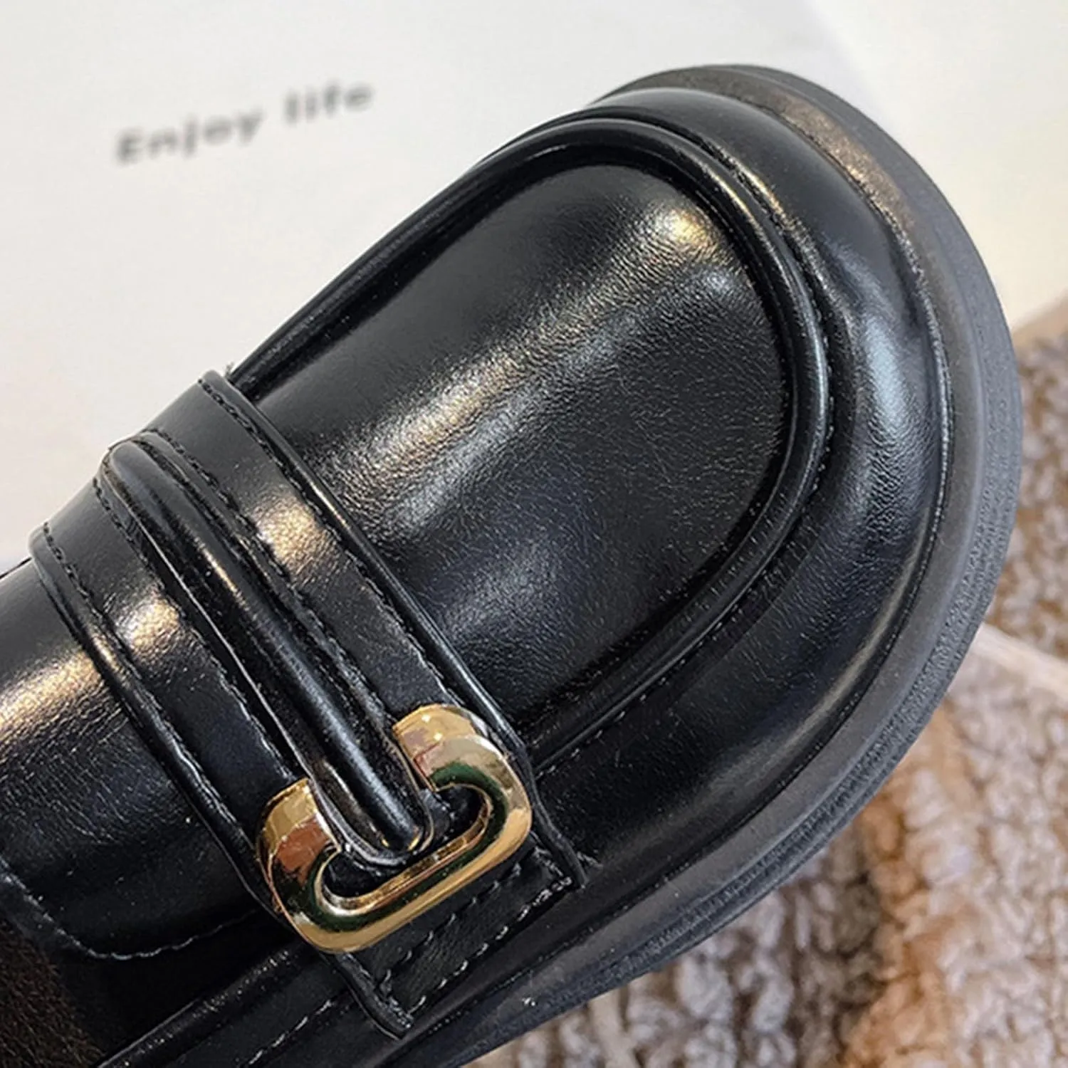 Girl's Platform Loafers Slip On Chunky Heel Leather Flat Round Toe School niform Dress Shoes with Metal Buckle