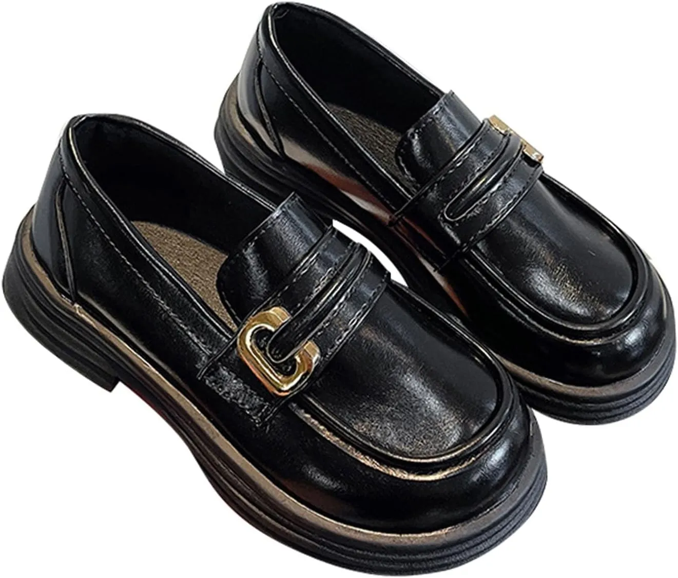 Girl's Platform Loafers Slip On Chunky Heel Leather Flat Round Toe School niform Dress Shoes with Metal Buckle
