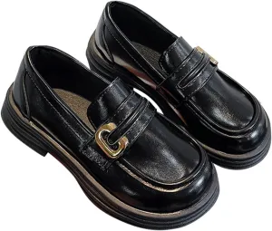 Girl's Platform Loafers Slip On Chunky Heel Leather Flat Round Toe School niform Dress Shoes with Metal Buckle
