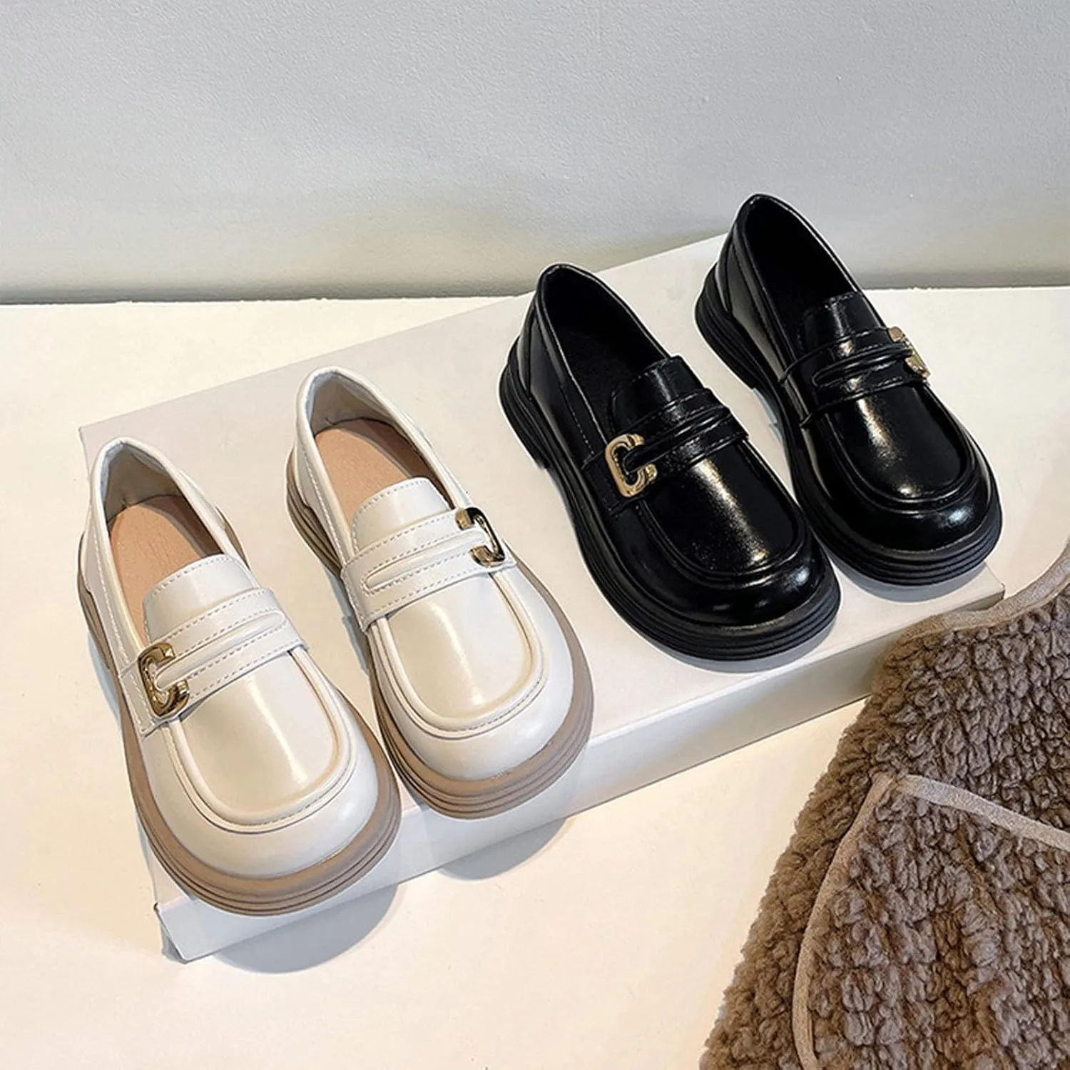Girl's Platform Loafers Slip On Chunky Heel Leather Flat Round Toe School niform Dress Shoes with Metal Buckle