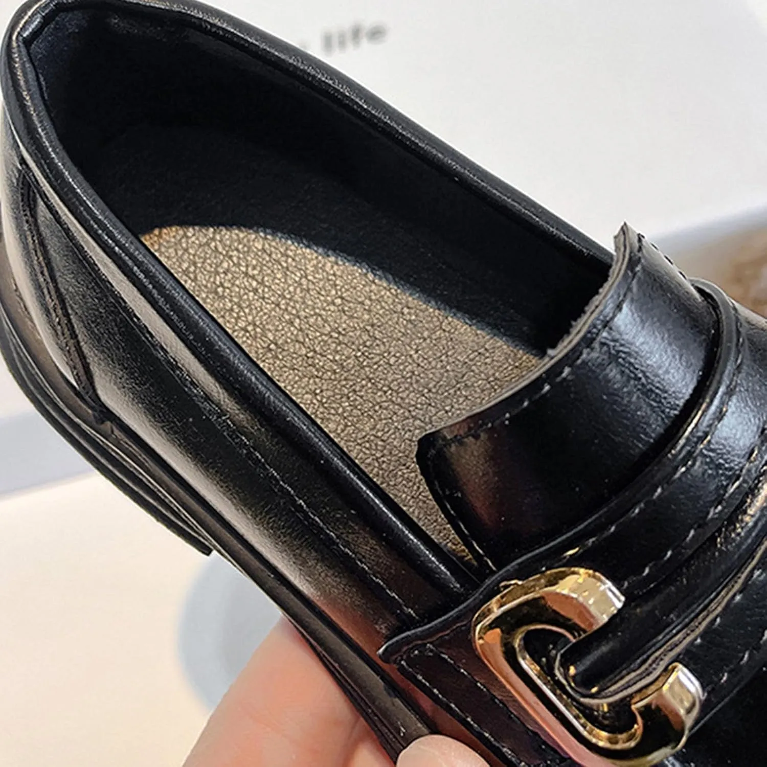 Girl's Platform Loafers Slip On Chunky Heel Leather Flat Round Toe School niform Dress Shoes with Metal Buckle