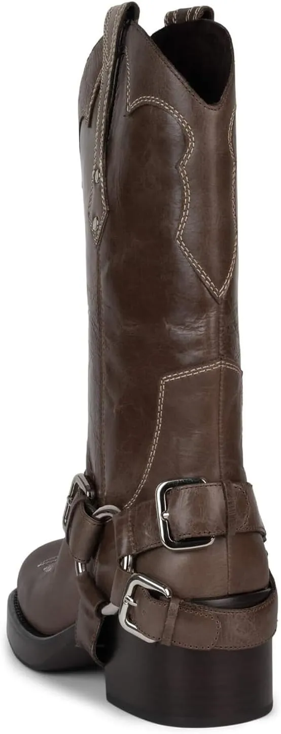 Goolita Buckle Biker Boots Women Square Toe Chunky Heel Embroidered Mid Calf Boots Slip On Motorcycle Riding Boots