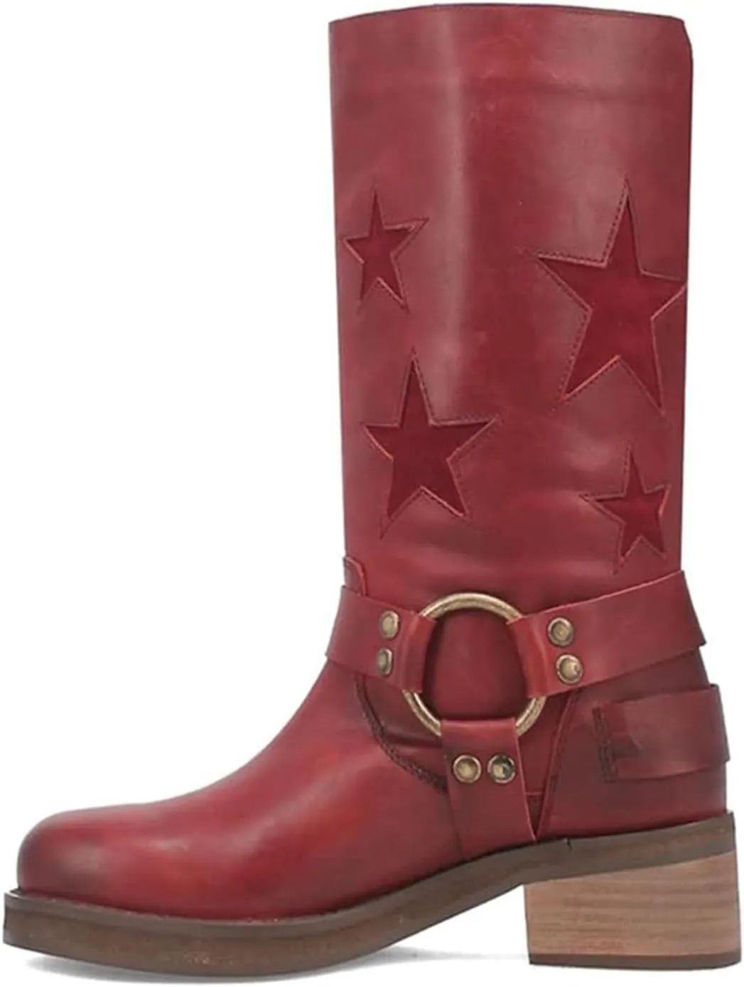 Goolita Buckle Biker Boots Women Square Toe Chunky Heel Star Moto Mid Calf Boots Slip On Motorcycle Riding Boot