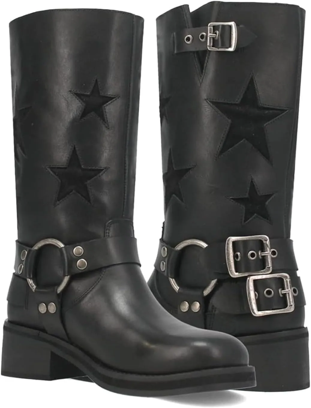Goolita Buckle Biker Boots Women Square Toe Chunky Heel Star Moto Mid Calf Boots Slip On Motorcycle Riding Boot