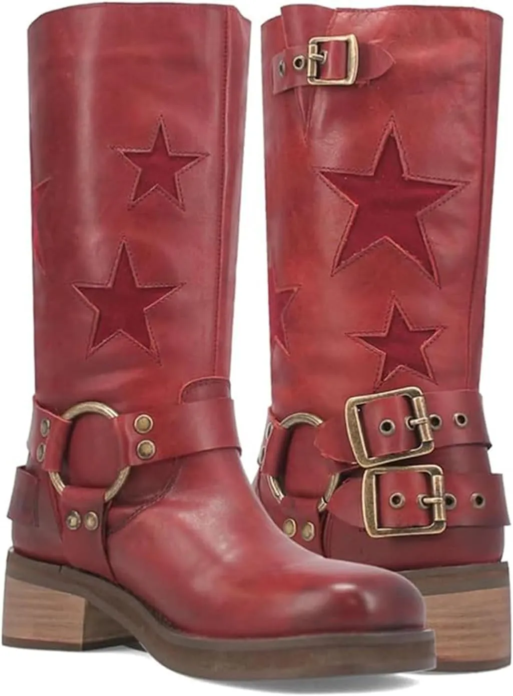 Goolita Buckle Biker Boots Women Square Toe Chunky Heel Star Moto Mid Calf Boots Slip On Motorcycle Riding Boot