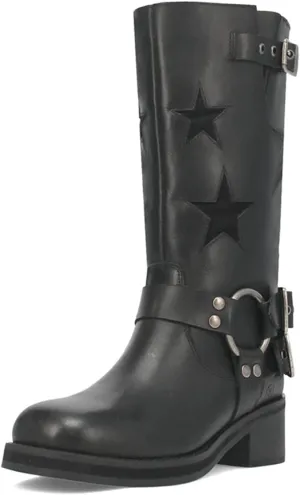 Goolita Buckle Biker Boots Women Square Toe Chunky Heel Star Moto Mid Calf Boots Slip On Motorcycle Riding Boot