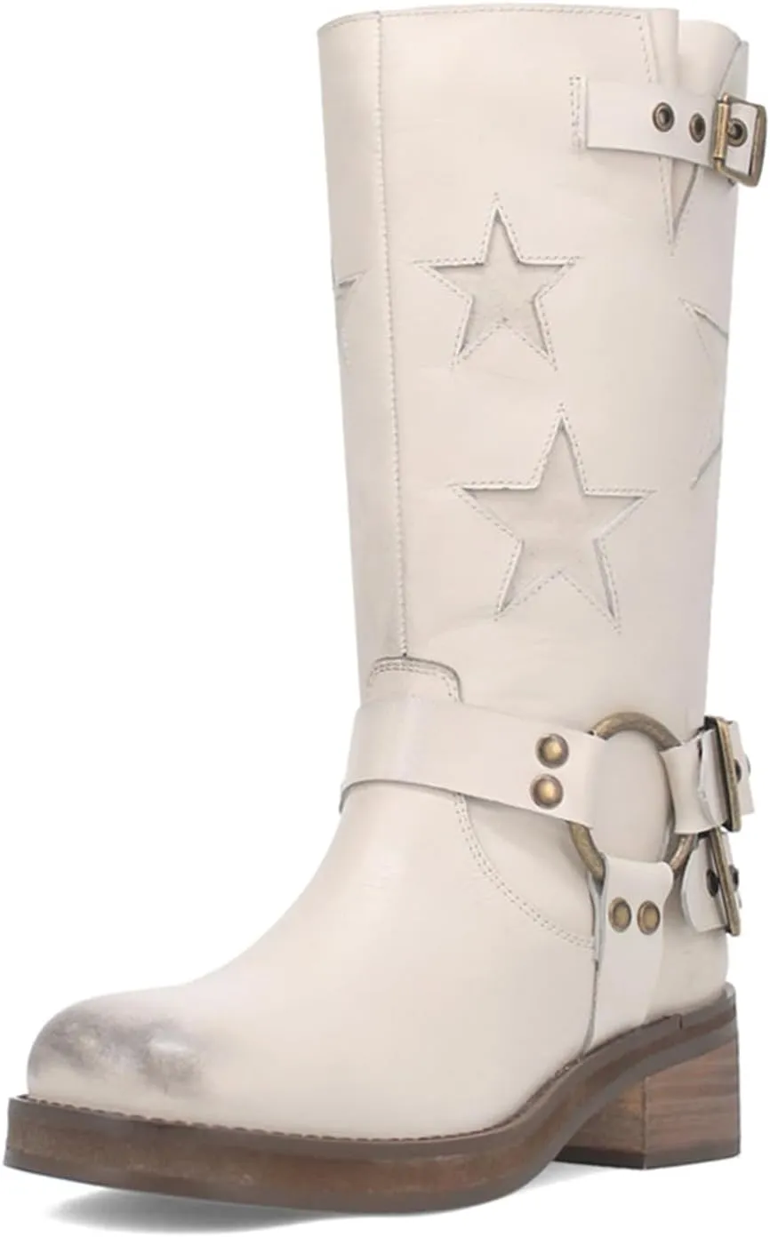 Goolita Buckle Biker Boots Women Square Toe Chunky Heel Star Moto Mid Calf Boots Slip On Motorcycle Riding Boot