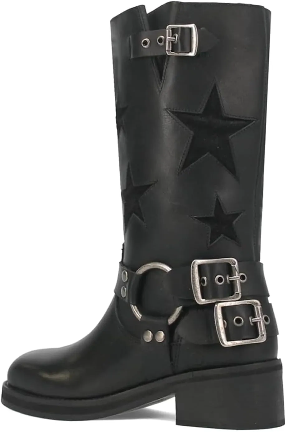 Goolita Buckle Biker Boots Women Square Toe Chunky Heel Star Moto Mid Calf Boots Slip On Motorcycle Riding Boot
