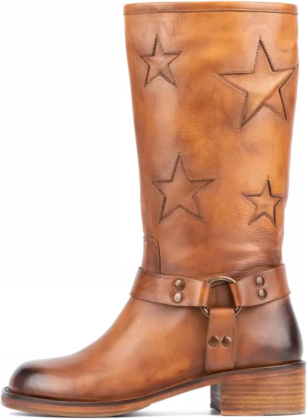 Goolita Buckle Biker Boots Women Square Toe Chunky Heel Star Moto Mid Calf Boots Slip On Motorcycle Riding Boot
