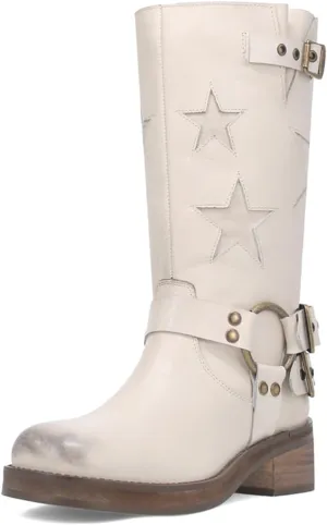 Goolita Buckle Biker Boots Women Square Toe Chunky Heel Star Moto Mid Calf Boots Slip On Motorcycle Riding Boot