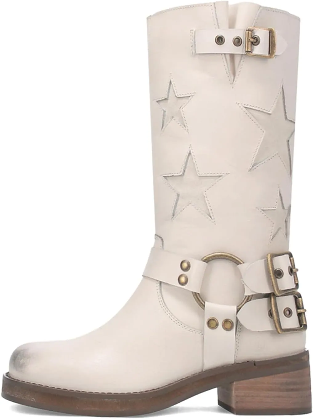 Goolita Buckle Biker Boots Women Square Toe Chunky Heel Star Moto Mid Calf Boots Slip On Motorcycle Riding Boot