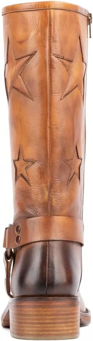 Goolita Buckle Biker Boots Women Square Toe Chunky Heel Star Moto Mid Calf Boots Slip On Motorcycle Riding Boot