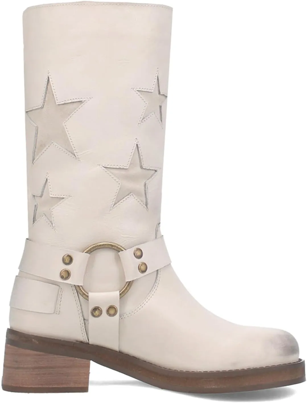 Goolita Buckle Biker Boots Women Square Toe Chunky Heel Star Moto Mid Calf Boots Slip On Motorcycle Riding Boot