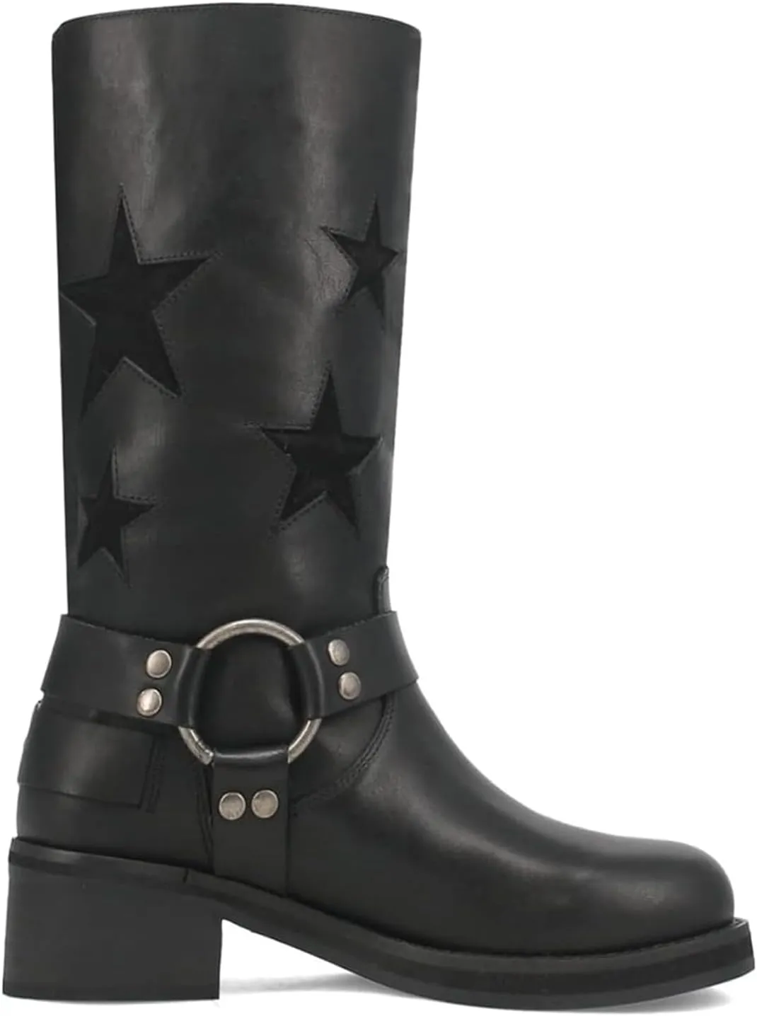 Goolita Buckle Biker Boots Women Square Toe Chunky Heel Star Moto Mid Calf Boots Slip On Motorcycle Riding Boot