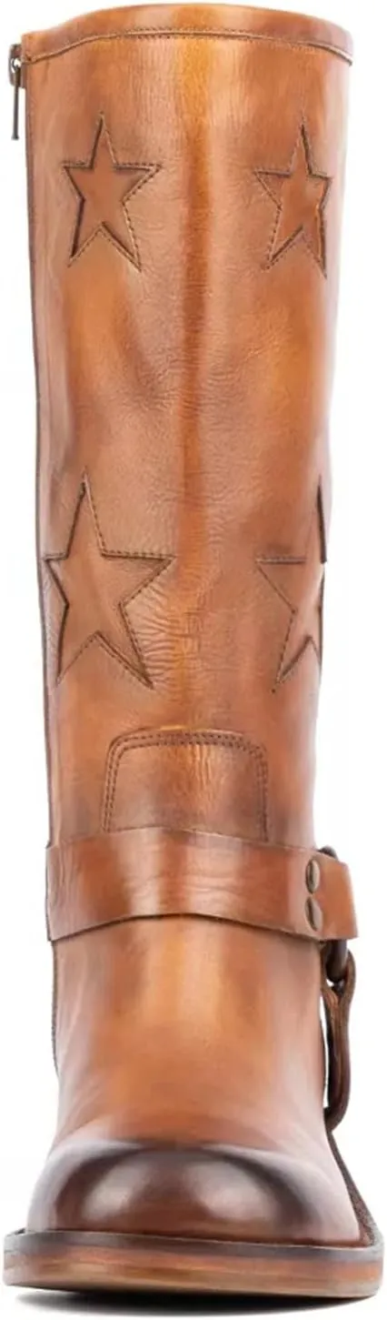 Goolita Buckle Biker Boots Women Square Toe Chunky Heel Star Moto Mid Calf Boots Slip On Motorcycle Riding Boot