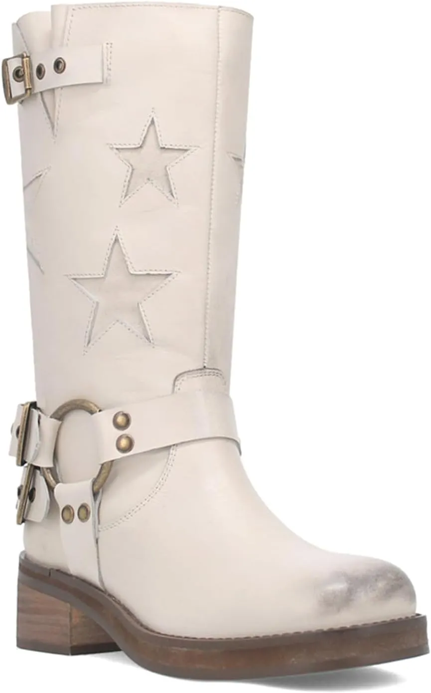 Goolita Buckle Biker Boots Women Square Toe Chunky Heel Star Moto Mid Calf Boots Slip On Motorcycle Riding Boot