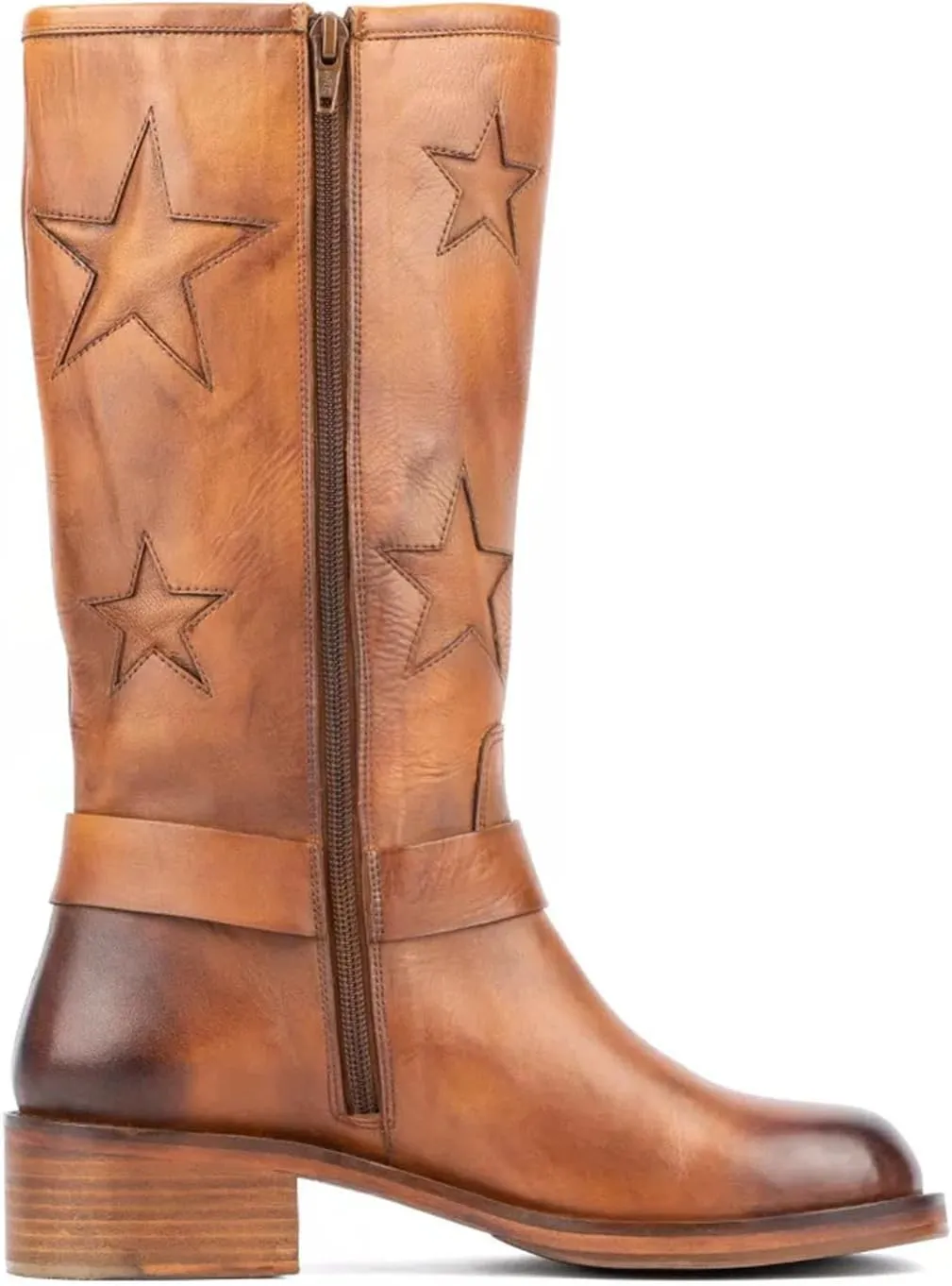 Goolita Buckle Biker Boots Women Square Toe Chunky Heel Star Moto Mid Calf Boots Slip On Motorcycle Riding Boot