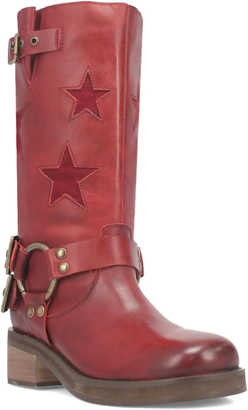 Goolita Buckle Biker Boots Women Square Toe Chunky Heel Star Moto Mid Calf Boots Slip On Motorcycle Riding Boot
