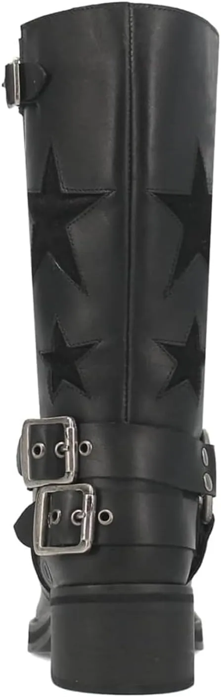 Goolita Buckle Biker Boots Women Square Toe Chunky Heel Star Moto Mid Calf Boots Slip On Motorcycle Riding Boot