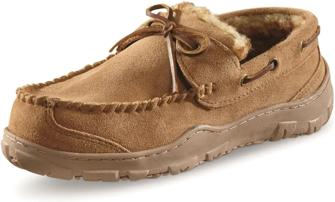 Guide Gear Suede Leather Moccasins for Men, Bedroom House Slippers, Indoor and Outdoor Shoes