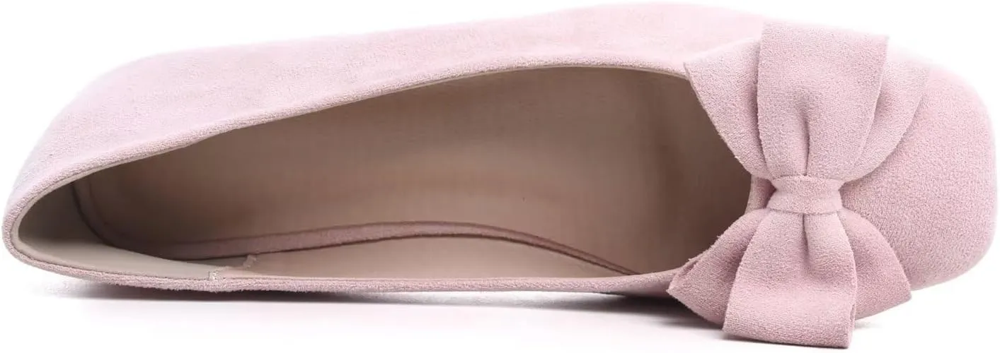 Hee grand Bow-Knot Ballet Flats Womens Square Toe Flat Shoes Suede Dress Shoes Casual Light Weight Slip-On Loafers