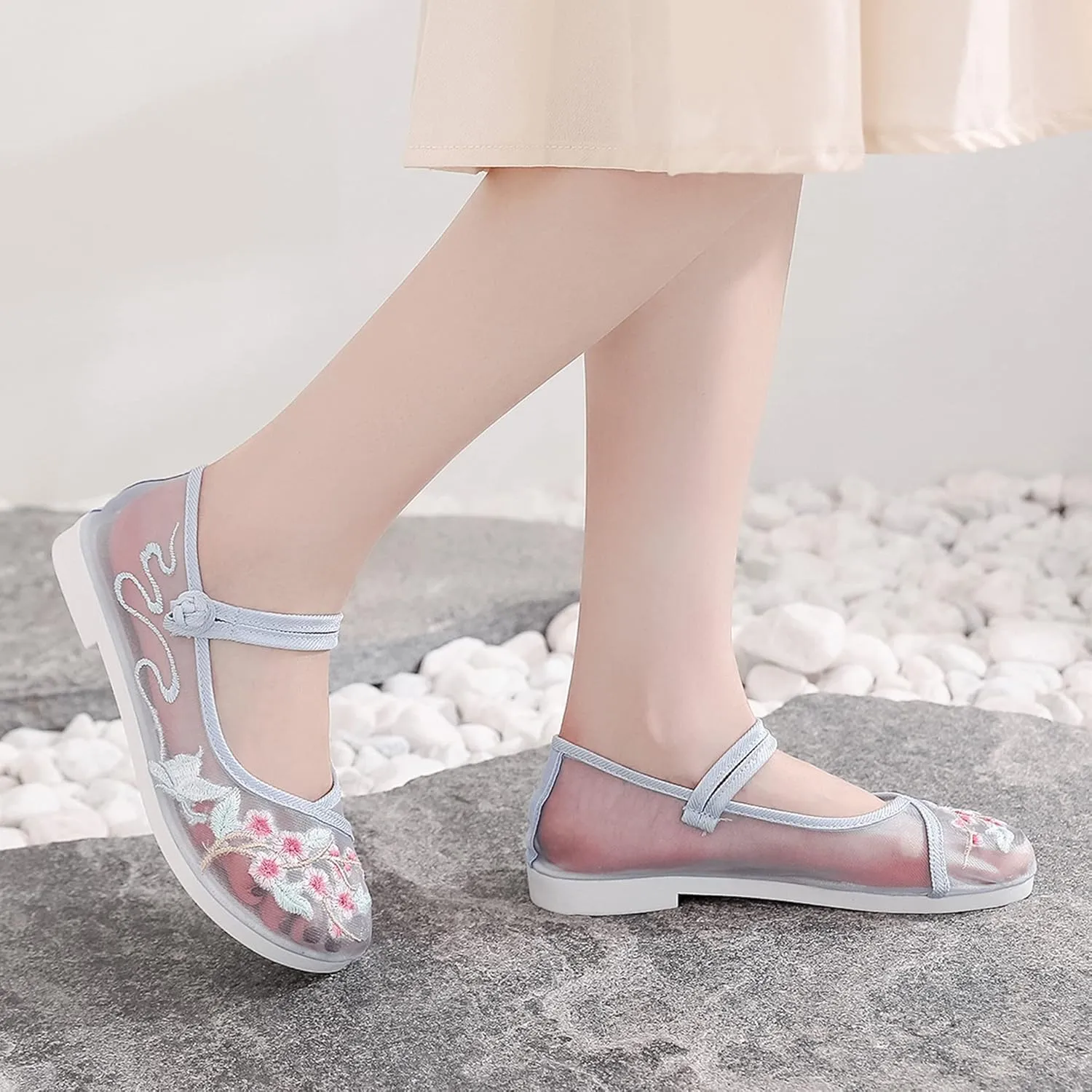 Hee grand Chinese Style Embroidered Flats for Women Breathable Mesh Comfort Walking Shoes