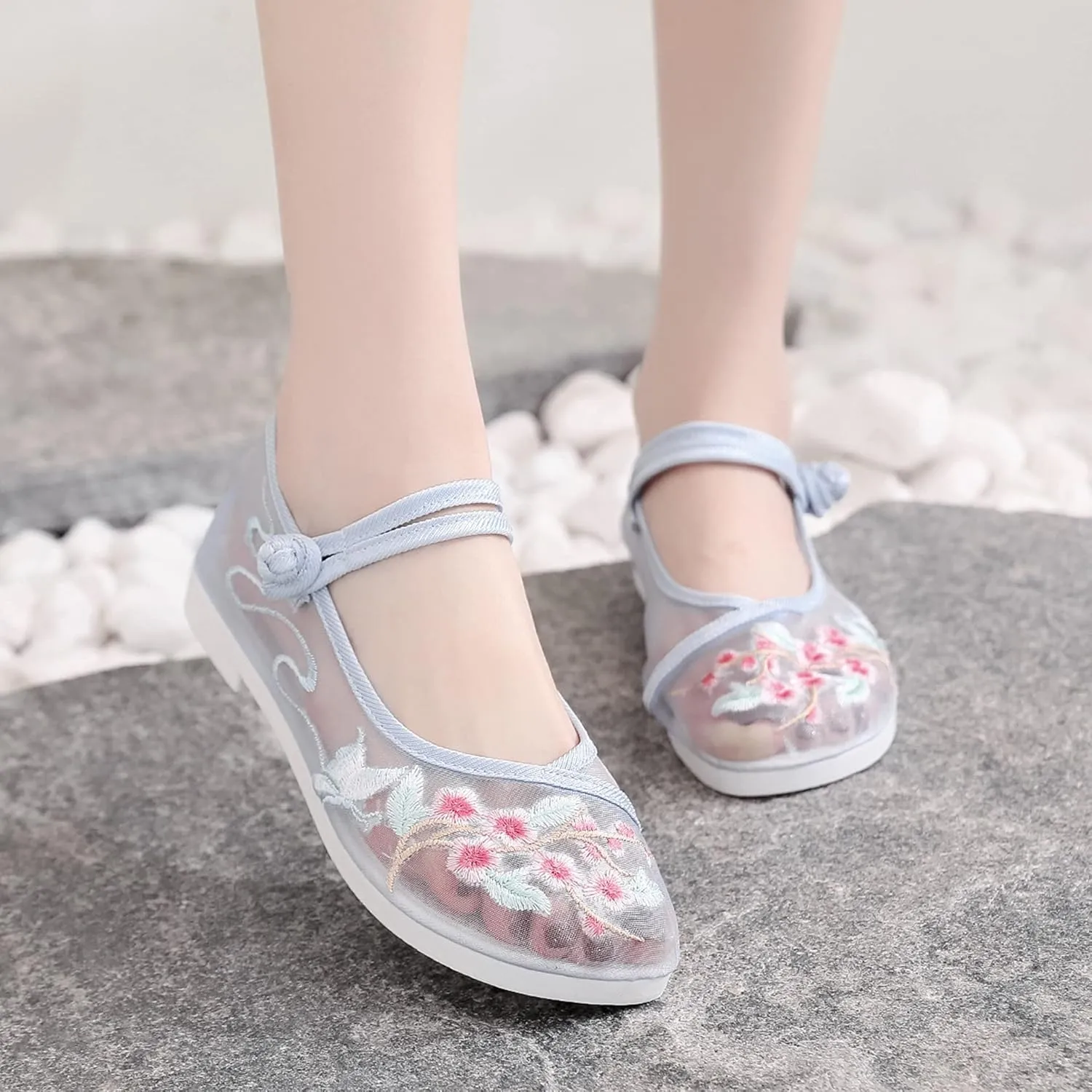 Hee grand Chinese Style Embroidered Flats for Women Breathable Mesh Comfort Walking Shoes