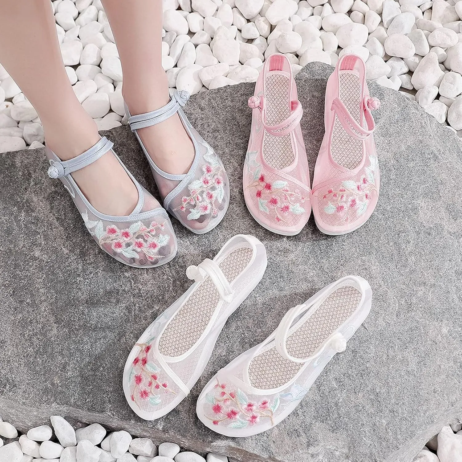 Hee grand Chinese Style Embroidered Flats for Women Breathable Mesh Comfort Walking Shoes