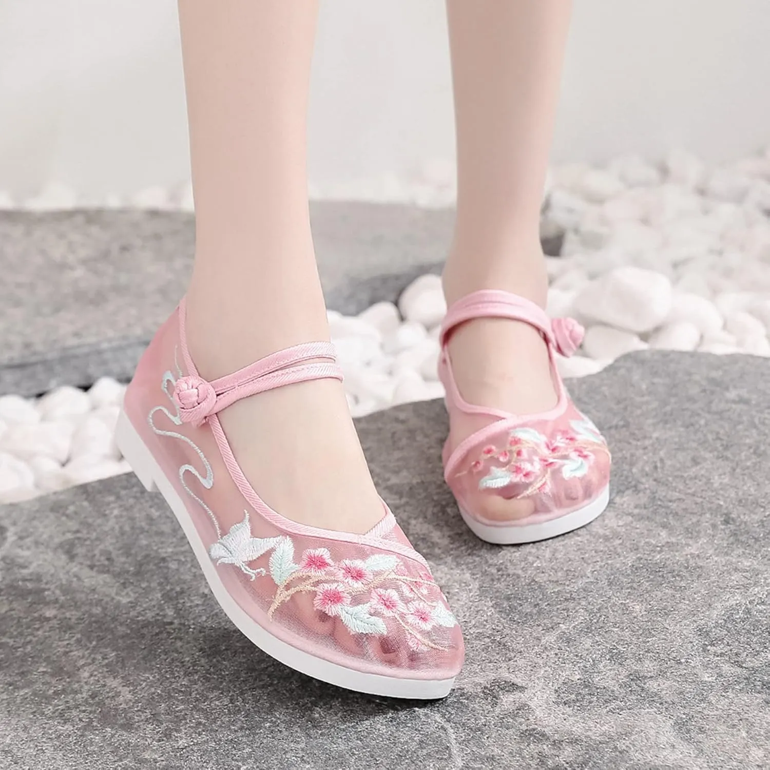 Hee grand Chinese Style Embroidered Flats for Women Breathable Mesh Comfort Walking Shoes