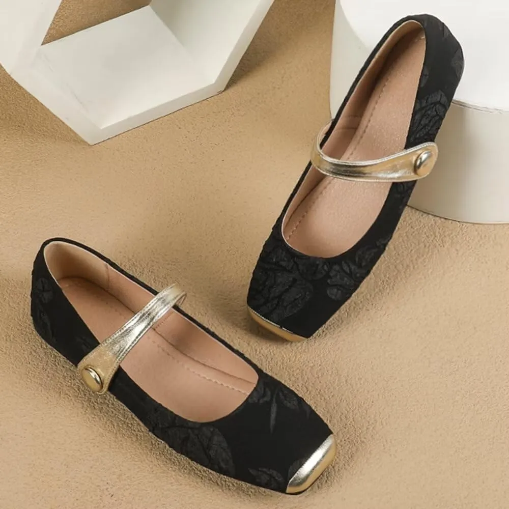Hee grand Elegant Square Toe Mary Jane Shoes for Women Chinese Style Embroidered Flats with Ankle Strap