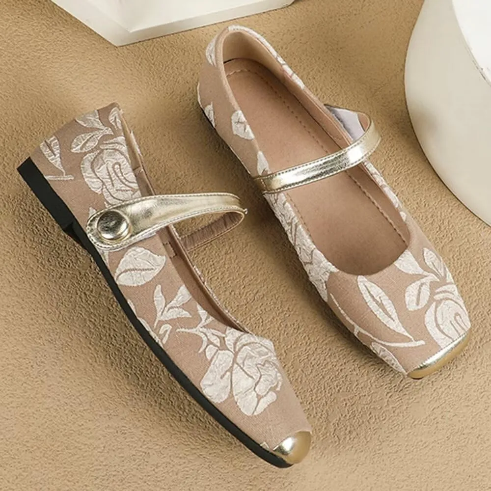 Hee grand Elegant Square Toe Mary Jane Shoes for Women Chinese Style Embroidered Flats with Ankle Strap