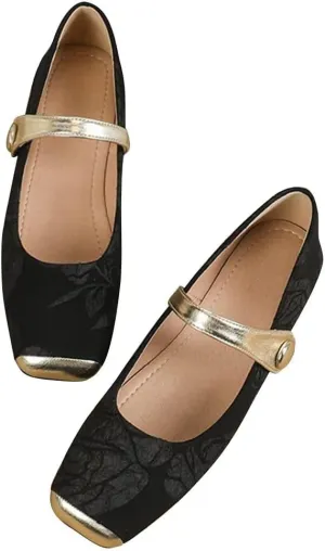Hee grand Elegant Square Toe Mary Jane Shoes for Women Chinese Style Embroidered Flats with Ankle Strap