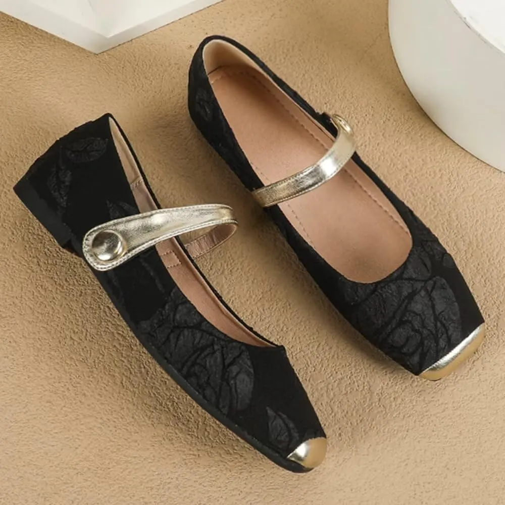Hee grand Elegant Square Toe Mary Jane Shoes for Women Chinese Style Embroidered Flats with Ankle Strap