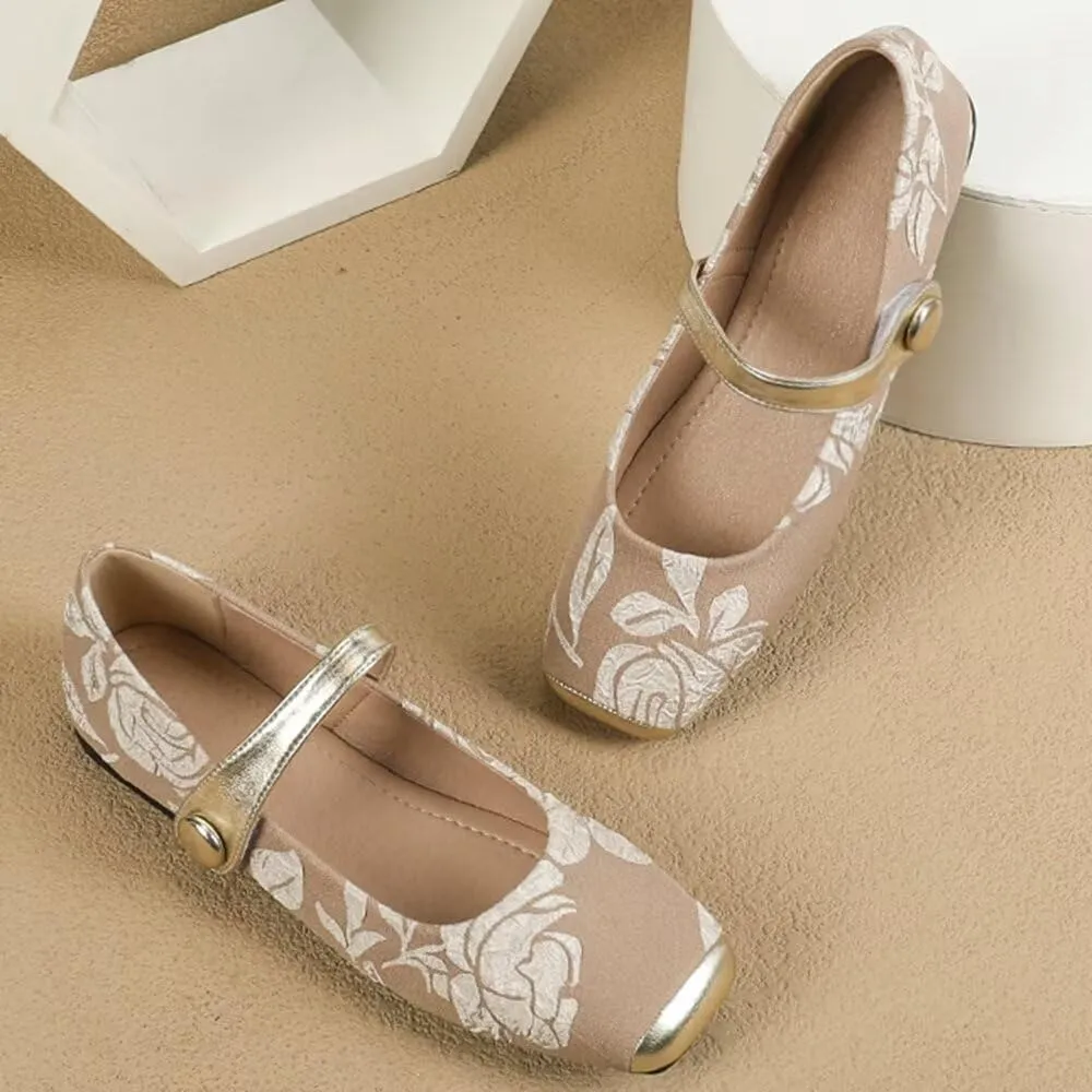 Hee grand Elegant Square Toe Mary Jane Shoes for Women Chinese Style Embroidered Flats with Ankle Strap