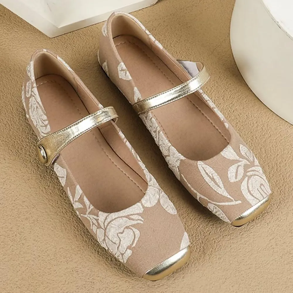Hee grand Elegant Square Toe Mary Jane Shoes for Women Chinese Style Embroidered Flats with Ankle Strap
